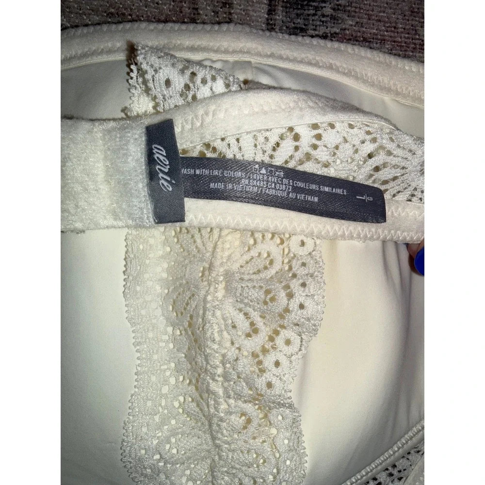 Aerie Women White Floral Lace Bralette Plunge‎ Mesh Inset Hook Eye Closure Large